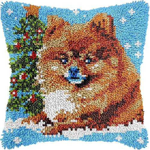 YarnAdventures Tier Hund Knüpf Sets Knüpfkissen,Pommern und Weihnachtsbaum,DIY Kissen Kissenbezug Kreuzstich Latch Hook Kit Handwerk Handarbeiten Erwachsene Kinder Kunsthandwerk,17x17in von YarnAdventures