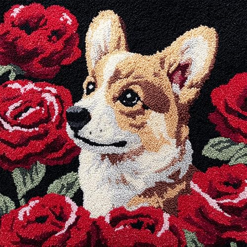 YarnAdventures Tier Hund Knüpfhaken Kissen Kits für Anfänger Erwachsene,Süßer Corgi,Knüpfteppich Zum Selber Knüpf-Sets DIY Latch Hook Cushion,Bastelsets,Heimdekoration,43x43cm von YarnAdventures