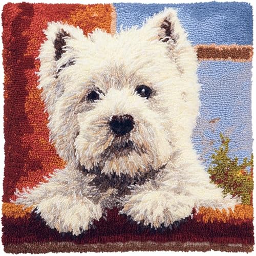 YarnAdventures Tier Hund Knüpfkissen Knüpfhaken Knüpfset,Süßer weißer Hund,DIY Handarbeit Stickerei Für Kinder Erwachsene Oder Anfänger Latch Hook Kits,Bastelsets,17x17in von YarnAdventures