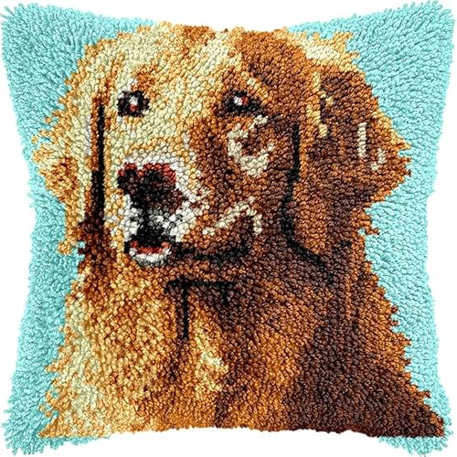 YarnAdventures Tier Hund Knüpfkissen Set,Golden Retriever,Latch Hook Kissen Kit für Anfänger zum Selber Knüpfen,DIY Knüpfteppich Knüpfpackung,Knüpfhaken Set,17x17in von YarnAdventures