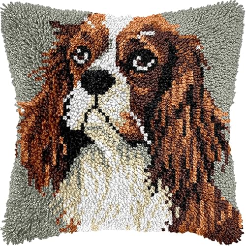 YarnAdventures Tier Hund Knüpfkissen Zum Selber Knüpfen Set,Charles Spaniel,Kissenbezug Knüpfset Kreativ Knüpfset Latch Hook Kit für Kinder und Erwachsene Geschenke,17x17in von YarnAdventures