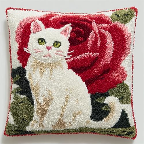 YarnAdventures Tier Kissenbezug Knüpfset,Blumen und Katzen,Knüpfkissen Set,Knüpfteppich Zum Selber Knüpf-Sets,DIY Knüpfteppich Knüpfpackung,Latch Hook Kits,43x43cm von YarnAdventures