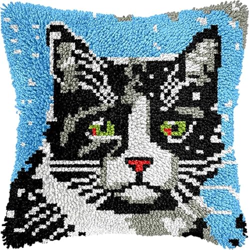 YarnAdventures Tier Kissenbezug Knüpfset,Süße Katze,Knüpfkissen Set,Knüpfteppich Zum Selber Knüpf-Sets,DIY Knüpfteppich Knüpfpackung,Latch Hook Kits,43x43cm von YarnAdventures