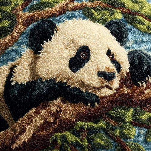 YarnAdventures Tier Knüpfkissen Knüpfen Set Zum Selber Knüpfen,Panda liegt auf einem Ast,Knüpfhaken-Set,Kreativ Knüpfset Latch Hook Kit,Knüpfhaken Kissenbezug,17x17in von YarnAdventures
