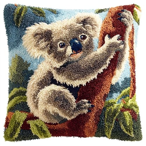 YarnAdventures Tier Knüpfkissen Zum Selber Knüpfen Set,Koala auf einem Ast,Kissenbezug Knüpfset Kreativ Knüpfset Latch Hook Kit für Kinder und Erwachsene Geschenke,17x17in von YarnAdventures