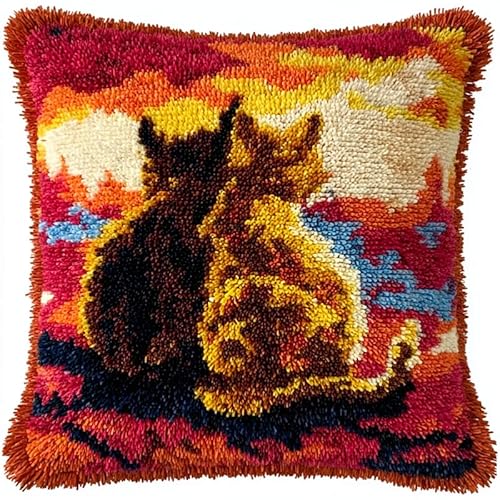 YarnAdventures Tier Knüpfkissen für Kinder Erwachsene,Rückansicht zweier Katzen,Kissenbezug Knüpfteppich Zum Selber Knüpfen DIY Kissen Latch Hook Kit,17x17in von YarnAdventures