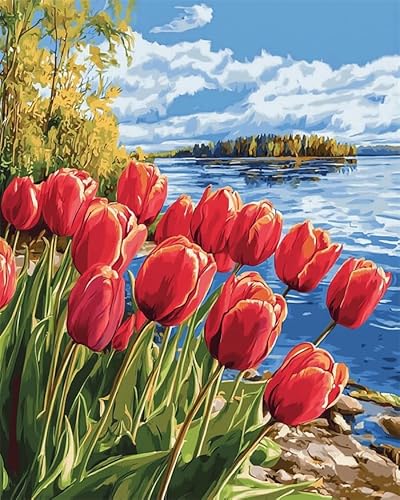 YarnAdventures Waldlandschaft Kreuzstich Set Vorgedruckt,Bunte Tulpen am Fluss,11CT Sticken Set Erwachsene,40x50 cm,Stickbilder Kreuzstich für Wandkunst und Heimdekoration von YarnAdventures