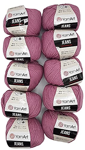 10 x 50g Strickwolle YarnArt Jeans einfarbig mit 55% Baumwolle, 500 Gramm Wolle uni (altrosa 65) von YarnArt
