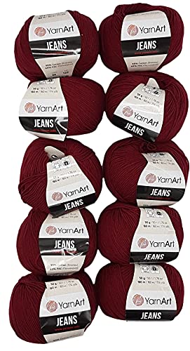 10 x 50g Strickwolle YarnArt Jeans einfarbig mit 55% Baumwolle, 500 Gramm Wolle uni (bordeaux 66) von YarnArt
