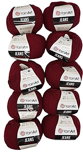 10 x 50g Strickwolle YarnArt Jeans einfarbig mit 55% Baumwolle, 500 Gramm Wolle uni (bordeaux 66) von Yarn Art