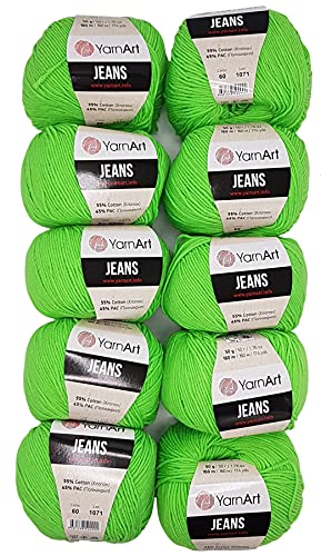 10 x 50g Strickwolle YarnArt Jeans einfarbig mit 55% Baumwolle, 500 Gramm Wolle uni (grün 60) von YarnArt
