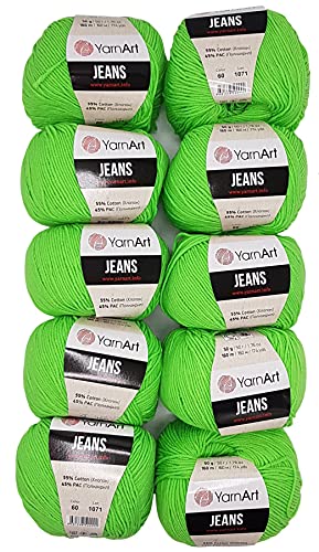 10 x 50g Strickwolle YarnArt Jeans einfarbig mit 55% Baumwolle, 500 Gramm Wolle uni (grün 60) von Yarn Art