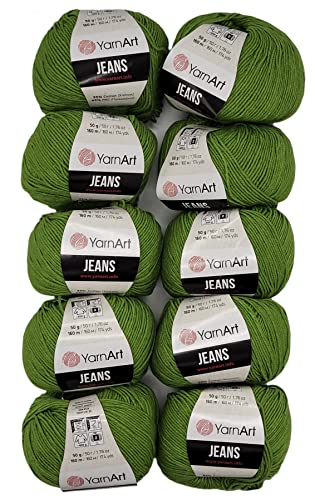 10 x 50g Strickwolle YarnArt Jeans einfarbig mit 55% Baumwolle, 500 Gramm Wolle uni (grün 69) von YarnArt
