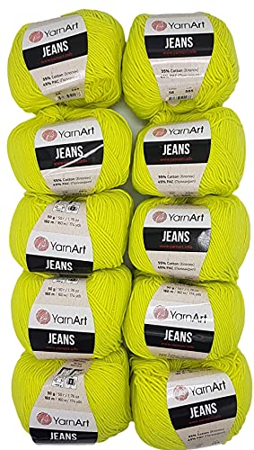 10 x 50g Strickwolle YarnArt Jeans einfarbig mit 55% Baumwolle, 500 Gramm Wolle uni (kiwi 58) von YarnArt
