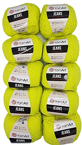 10 x 50g Strickwolle YarnArt Jeans einfarbig mit 55% Baumwolle, 500 Gramm Wolle uni (kiwi 58) von Yarn Art