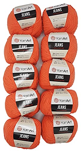 10 x 50g Strickwolle YarnArt Jeans einfarbig mit 55% Baumwolle, 500 Gramm Wolle uni (lachs 61) von YarnArt