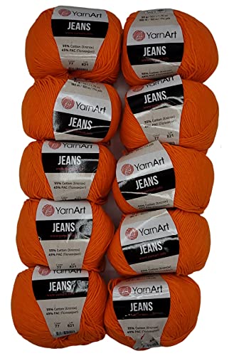10 x 50g Strickwolle YarnArt Jeans einfarbig mit 55% Baumwolle, 500 Gramm Wolle uni (orange 77) von Bater