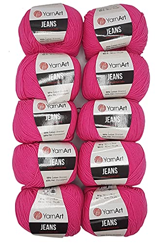 10 x 50g Strickwolle YarnArt Jeans einfarbig mit 55% Baumwolle, 500 Gramm Wolle uni (pink 59) von YarnArt
