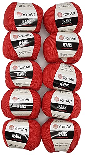 10 x 50g Strickwolle YarnArt Jeans einfarbig mit 55% Baumwolle, 500 Gramm Wolle uni (rot 26) von YarnArt