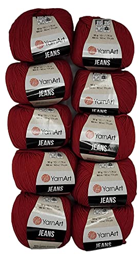 10 x 50g Strickwolle YarnArt Jeans einfarbig mit 55% Baumwolle, 500 Gramm Wolle uni (rot 51) von YarnArt