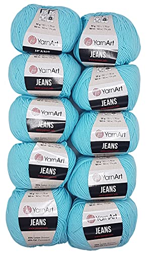 10 x 50g Strickwolle YarnArt Jeans einfarbig mit 55% Baumwolle, 500 Gramm Wolle uni (türkis 76) von YarnArt