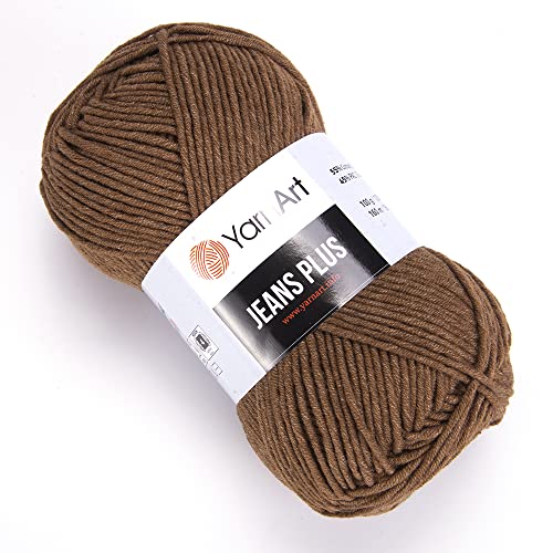 4 Knäuel (Knäuel) YarnArt Jeans Plus Garn, 55% Baumwolle, 45% Polyacryl, jeder Knäuel 100 g, 160 m, Garngewicht: 4: Worsted-Aran, (40 - Braun) von Sudsty
