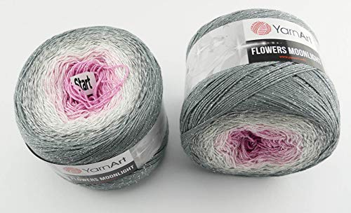 YarnArt Flowers 500 Gramm Bobbel Wolle mit Glitzer und Farbverlauf, 53% Baumwolle, Bobble Strickwolle Mehrfarbig 1000m (grau Silber rosa 3293) von YarnArt