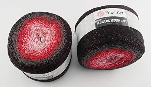 Yarn Art Flowers 500 Gramm Bobbel Wolle mit Glitzer und Farbverlauf, 53% Baumwolle, Bobble Strickwolle Mehrfarbig 1000m (schwarz grau rot 3282) von YarnArt