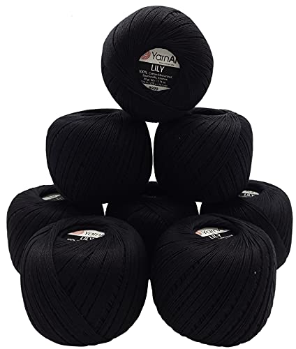 YarnArt Lily 8 x 50 Gramm Garn 100% merzerisierte Baumwolle, 400g Häkelgarn einfarbig, (schwarz 9999) von YarnArt