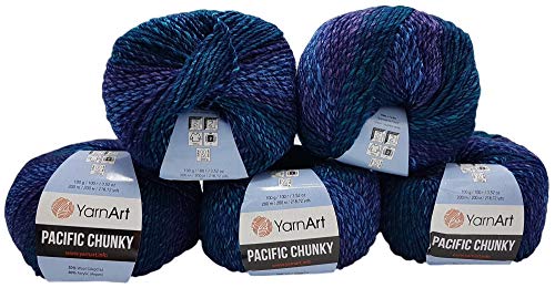 YarnArt Pacific Chunky 5 x 100 Gramm Strickwolle Mehrfarbig mit Farbverlauf, 500 Gramm Strickgarn mit 20% Wolle-Anteil (blau, lila 304) von Yarn Art