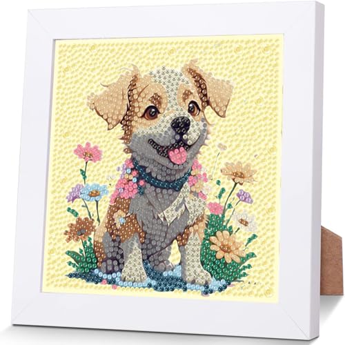 YarnWhimsy Dog Diamond Painting Kinder Mit Rahmen-Diamond Art Bilder Puppy, Tiere Diamond Painting Kinder ab 4 6 8 10 Jahreals Geschenk für Home Wand Décor (18X18cm) von YarnWhimsy