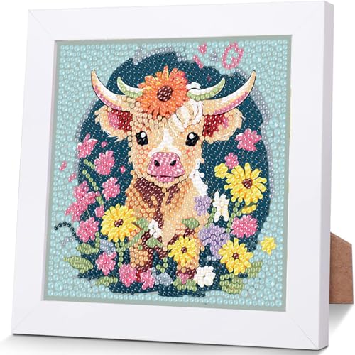 YarnWhimsy Kuh Diamond Painting Kinder Mit Rahmen-Diamond Art Bilder Kuhs, Tiere Diamond Painting Kinder ab 4 6 8 10 Jahreals Geschenk für Home Wand Décor (18X18cm) von YarnWhimsy