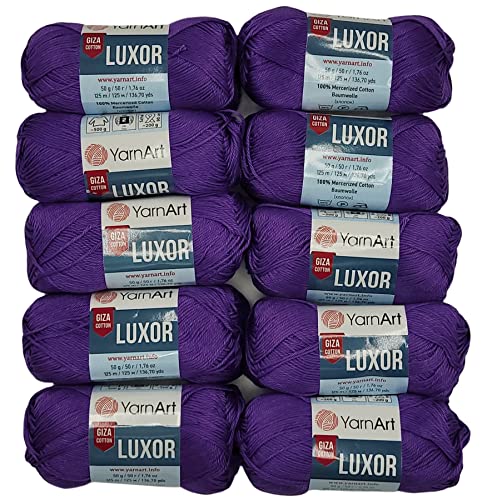 10 x 50 Gramm Yarnart Luxor 100% merzerisierte Giza Baumwolle , 500 Gramm Wolle aus 100% veredelte Baumwolle, Strickwolle einfarbig (lila 1220) von Yarnart