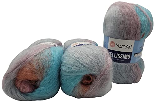 YarnArt 3 x 150 Gramm Bellissimo Strickwolle mit Mohair 1408, 450 Gramm Wolle mit Farbverlauf (türkis braun weiß 150g) von Yarnart