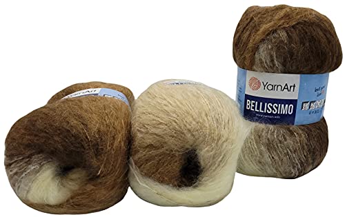 YarnArt 3 x 150 Gramm Bellissimo Strickwolle mit Mohair 450 Gramm Wolle mit Farbverlauf (braun beige creme 150g) 1402 von Yarn Art