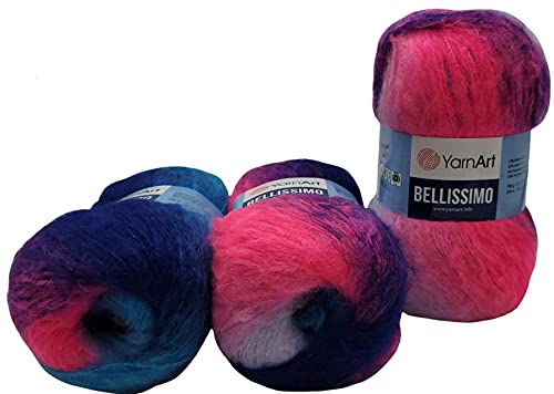 YarnArt Bellissimo 3 x 150 Gramm Strickwolle mit Mohair, 450g Wolle mit Farbverlauf (blau rosa weiss 1407) von Yarn Art