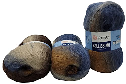 Yarnart Bellissimo 3 x 150 Gramm Strickwolle mit Mohair, 450g Wolle mit Farbverlauf (braun blau cremeweiss 1417) von Yarnart