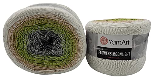 YarnArt Flowers Moonlight 520 Gramm Bobbel Wolle mit Glitzer und Farbverlauf, 53% Baumwolle, Bobble Strickwolle Mehrfarbig (weiss beige kiwi grau 3274) von Yarnart