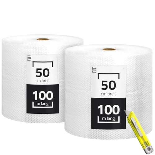 2 Rollen Luftpolsterfolie 50cm x 100m (100m2) Polsterfolie Blasenfolie Knallfolie - Stärke 50my - Verpackungsfolie + Trimmesser von Yaro
