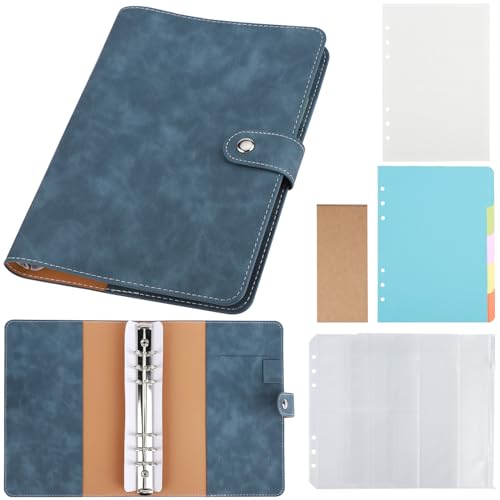 Yarotm A5 Ring Binder Notizbuch - A5 Ringbuch Nachfüllbar 6 Löcher Leder Loseblatt Notebook - 160 Seiten 100GSM Papier Kariert 5mm Skizzenbuch - Denim Blau Nnotizbuch A5 Ringbuch Tagebuch von Yarotm