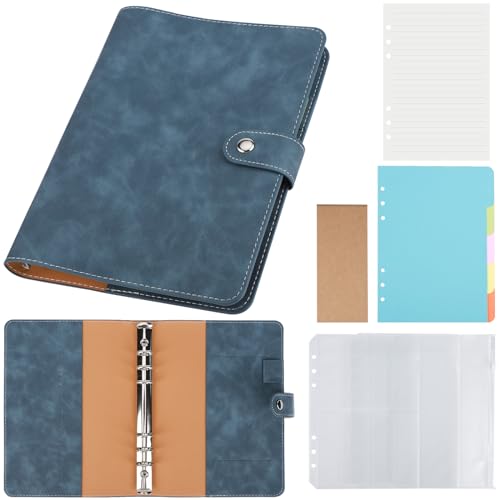 Yarotm A5 Ring Binder Notizbuch - A5 Ringbuch 6 Ringe Liniert Papier Notebook - A5 Loseblatt Leder Tagebuch 17.5x23cm - Blau Nachfüllbare Notizbuch Perfekt für Reisetagebuch von Yarotm