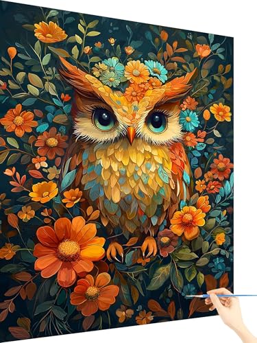 Malen Nach Zahlen Erwachsene Eule Paint by Numbers Blume, Malen Nach Zahlen ab 7 Jahre Mädchen, Handgemalt Ölgemälde Leinwand mit Pinseln und Acrylfarben Geschenke für Frauen Ohne Rahmen 60x80cm H-13 von Yarqzhng