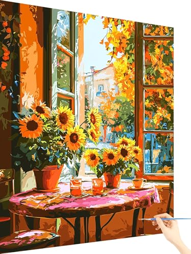 Malen Nach Zahlen Erwachsene Landschaft Paint by Numbers Sonnenblume, Malen Nach Zahlen ab 7 Jahre Mädchen, Handgemalt Ölgemälde Leinwand mit Pinseln Acrylfarben Geschenke für Frauen 80x110cm F-15 von Yarqzhng