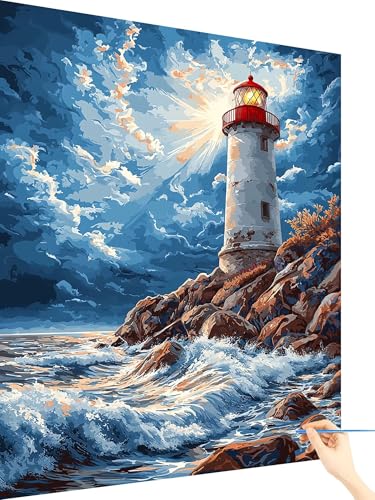 Malen Nach Zahlen Erwachsene Leuchtturm Malen Nach Zahlen Kinder Meer, Paint by Numbers Bastelset Erwachsene, DIY Cheerful Painting Kreativ Set Geschenke für Frauen Deko Ohne Rahmen 80x110cm K-90 von Yarqzhng