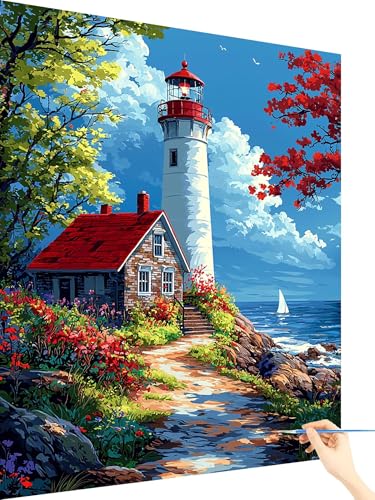 Malen Nach Zahlen Erwachsene Leuchtturm Paint by Numbers Meer, Malen Nach Zahlen ab 7 Jahre Mädchen, Handgemalt Ölgemälde Leinwand mit Pinseln und Acrylfarben Geschenke für Frauen Deko 60x80cm J-96 von Yarqzhng