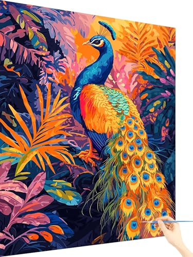 Malen Nach Zahlen Erwachsene Pfau Paint by Numbers Anlage, Malen Nach Zahlen ab 7 Jahre Mädchen, Handgemalt Ölgemälde Leinwand mit Pinseln und Acrylfarben Geschenke für Frauen Ohne Rahmen 60x80cm Z-51 von Yarqzhng