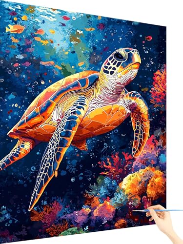 Malen Nach Zahlen Erwachsene SchildkröTe Paint by Numbers Meer, Malen Nach Zahlen ab 7 Jahre Mädchen, Handgemalt Ölgemälde Leinwand mit Pinseln und Acrylfarben Geschenke für Frauen Deko 60x80cm B-61 von Yarqzhng