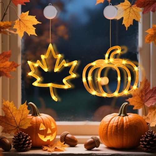 2 Stück Herbst Deko Lichterkette, Herbst Fensterlichter mit Saugnapf, Kürbis Ahornblatt Fensterdeko Lichter, Batteriebetriebene Hängende Fensterlichter für Halloween Herbstdeko Fenster Beleuchtung von Yarteim