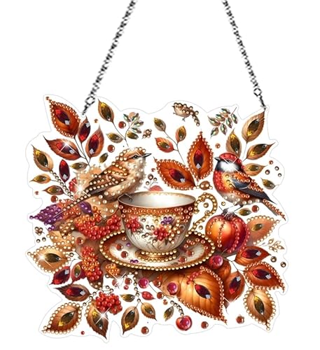 5D Diamond Painting Herbst Deko Anhänger,Diamond Painting Fensterbilder Beidseitig,Diamant Girlande Herbstdeko Kits mit Kette,Diamant Malerei Türkranz Kürbis Vogel Erntedankfest Tür Wand (01) von Yarteim