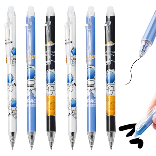 6 Stück Radierbarer Kugelschreiber Stifte Set mit Radiergummi, Radierbare Stifte mit 5 Gelstiftminen, Astronautmuster Schnelltrocknende Gel Kugelschreiber, 0,5mm Radierbarer Tintenroller für Teenager von Yarteim